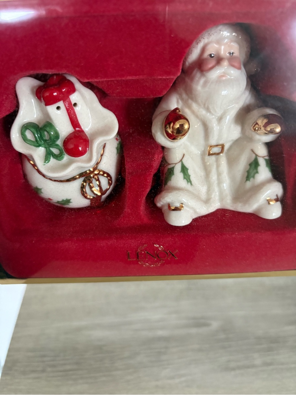 Lenox White Porcelain Santa & Stocking Figurine Pair with Gold and Green Accents